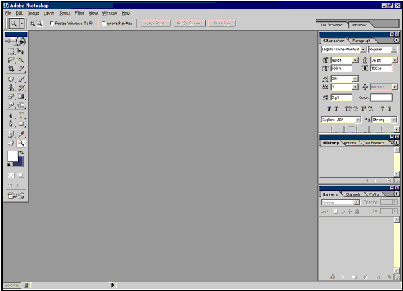Photoshop 7.0 Image size resolution and mode - When you first open Photoshop, you should have a blank working space with various menus, as in the image (right).